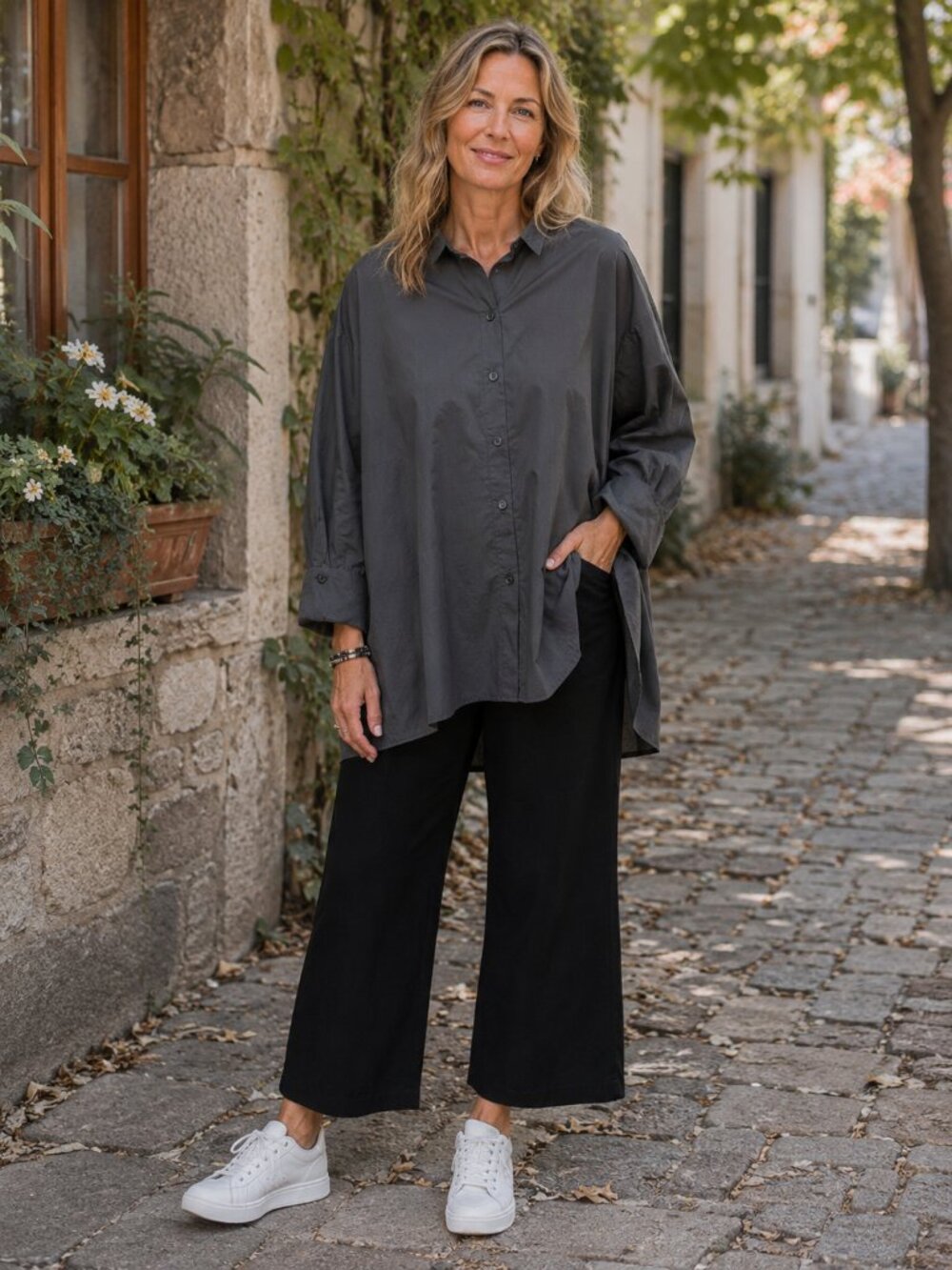 Katharina Hovman Lagenlook Oversized Taffeta Blouse in Gray Sz 16